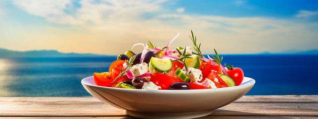 Greek salad in a plate. Selective focus. - obrazy, fototapety, plakaty