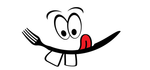 Cartoon Fork and knife icon. Food, eating symbol. Ready to eat healthy food. Vector icon or sign for dinner, breakfast, lunch. Yummy smile face with red tongue lick and saliva. Licking logo.