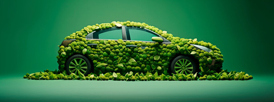 Green car in plants biofuel concept. Selective focus.