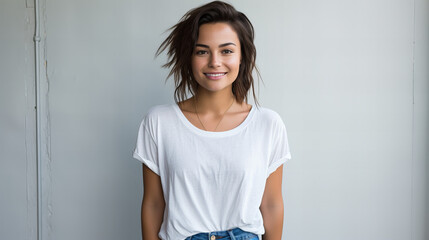 Portrait of young beautiful woman in jeans and T-shirt hold hands in pockets look at camera pose for picture. Beautiful young female model wearing white t-shirt, copy space - obrazy, fototapety, plakaty