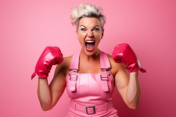 A Fight for Breast Cancer woman with symbol on pink background - obrazy, fototapety, plakaty