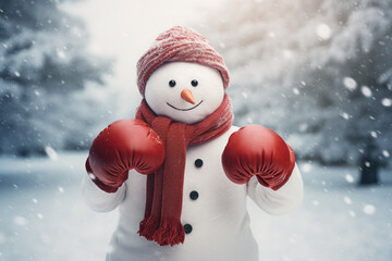 Snowman with red boxing gloves. AI generative art
