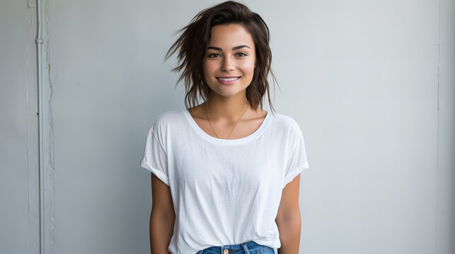 Portrait of young beautiful woman in jeans and T-shirt hold hands in pockets look at camera pose for picture. Beautiful young female model wearing white t-shirt, copy space