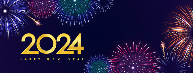 Happy new year 2024 with fireworks background  - obrazy, fototapety, plakaty