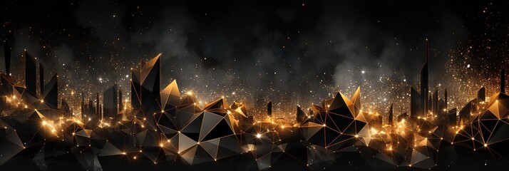Abstract cosmic geometric luminous sparkling wallpaper background texture with gold, black and white touches. Great as luxury product advertisement banner or celebration postcard. - obrazy, fototapety, plakaty