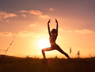 Fototapeta na wymiar Silhouette of woman doing yoga at sunset.