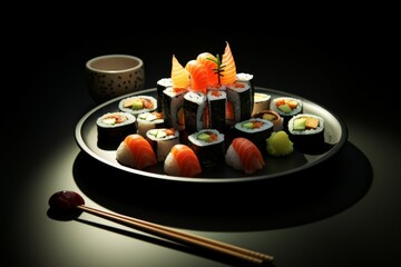 Sushi roll (Philadelphia) with salmon, smoked eel, avocado, cream cheese on black background. Sushi menu. Japanese food.