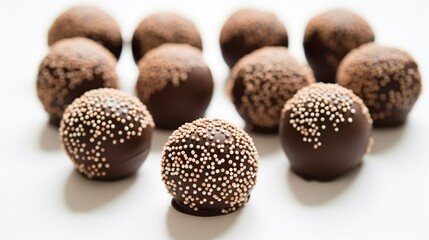 Indulge in Brigadeiro, a cherished Brazilian dessert featuring small, decadent chocolate balls made with condensed milk and cocoa, rolled in chocolate sprinkles.