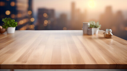 Modern Kitchen Table Top for Product Display with Blurred Background - Stylish Interior Design for Culinary Enthusiasts, Creating a Minimalist Lifestyle Setting. - obrazy, fototapety, plakaty
