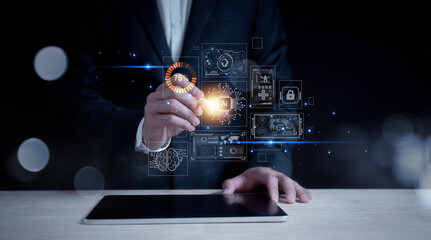 person using Ai technology in his business by artificial intelligence,  smart robot AI, Futuristic technology transformation, using AI technology for developing running business on cloud computing