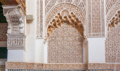 The outstanding samples of decorations in the Madrassa ben Youssef , Marrakech, Morocco.