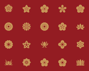 set of flower icons, traditional, chinese, japanese