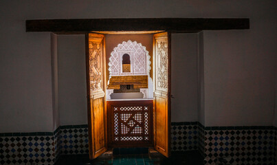 A residential room window for students in the Madrassa ben Youssef , Marrakech, Morocco.