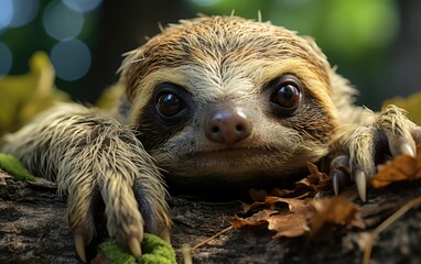 The portrait of brown-throated sloth (Bradypus variegatus) is a species of three-toed sloth found in the Neotropical realm of Central and South America. Close up.