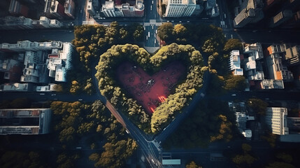 Heart of the City. Aerial view of the city. Heart shaped town