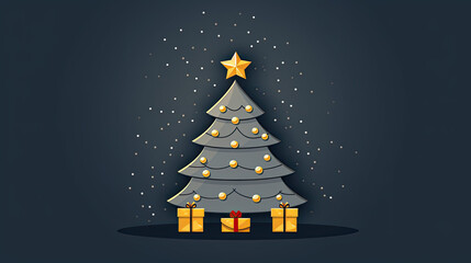 Christmas tree with presents underneath on dark grey background, sticker style, cute drawing