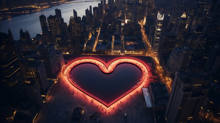 Night lights in the Heart of the City. Aerial view of the city. Heart shaped town