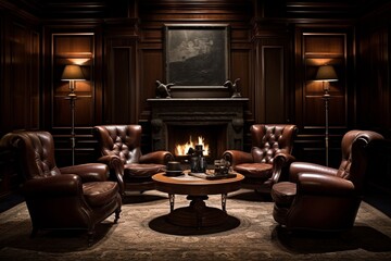 A sophisticated gentleman's lounge with dark wood paneling, leather chairs, and a humidor.