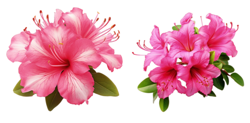 Set of Vibrant pink azalea flowers with prominent stamens isolated on a transparent background
