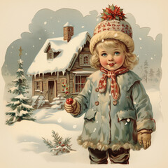 little child playing with snow