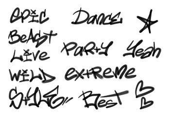 Collection of graffiti street art tags with words and symbols in black color on white background