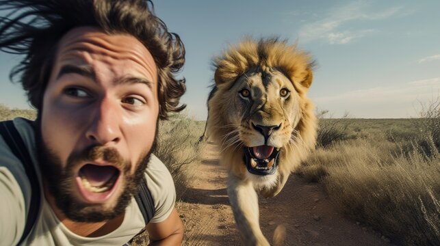 A male taking selfie with lion. The surprised man is running, Lion chasing the man. Wild animals.