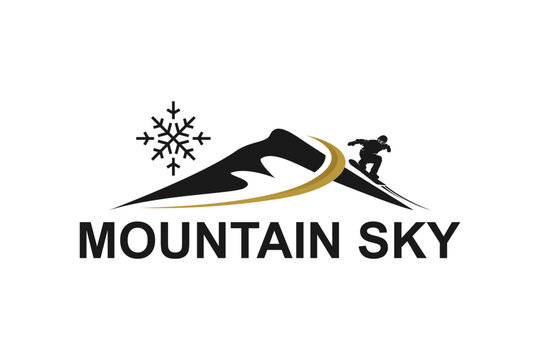 Snow skiing sport logo on hillside, silhouette of ski athlete in action.