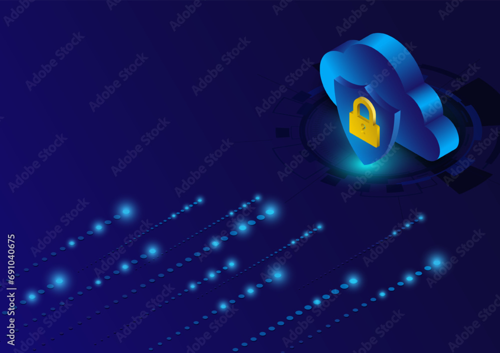 Leinwandbilder Database server cloud network isometric background. Data security modern concept. A transparent shield of the Cloud database from virus attacks and hackers. vector illustration.
