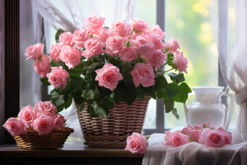 pink flowers in a wicker basket on the windowsill