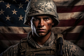 Obraz premium Soldier in army uniform against the background of the American flag