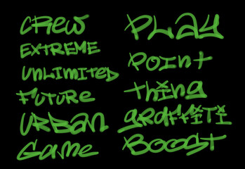Obraz premium Collection of graffiti street art tags with words and symbols in green color on black background