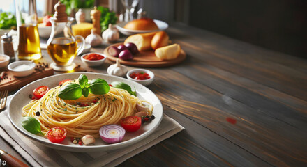 Spaghetti in a white plate Served in restaurants Complete with various condiments, photos and copy space.