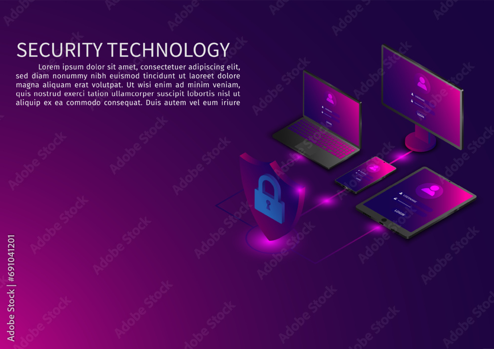 Poster Isometric network security information transfer background. Data security modern concept. A transparent shield of the computer, phone, and laptop from virus attacks and hackers. vector illustration.