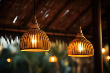 Obraz premium Stylish wicker rattan lamp in the interior