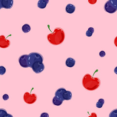 Berry pattern of blueberries and cherries on pink background. Vector