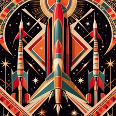 Rocket spaceships fling in space, retro futuristic illustration in art deco style