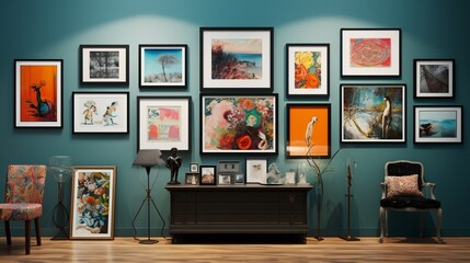 an image of an eclectic, gallery wall with an array of framed artworks