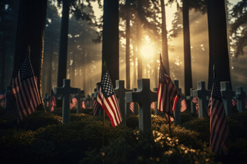 Military cemetery with American flags - obrazy, fototapety, plakaty