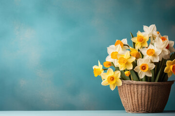Bouquet of daffodils in a wicker basket
