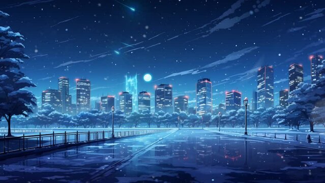 City in winter, snowfall in the city at night. Anime illustration style. Smooth looping time-lapse animation background. Generated with AI