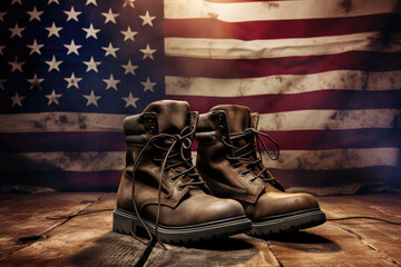 Army combat boots against the background of the American flag