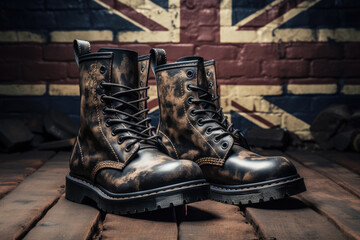 Flag of United Kingdom and military boots, war concept - obrazy, fototapety, plakaty
