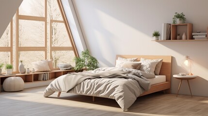 an image of a Scandinavian-inspired, neutral-toned bedroom with geometric bedding