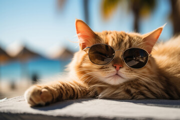 Cat wearing sunglasses on the beach at the resort