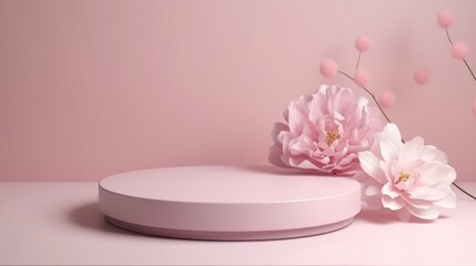 3D display podium pastel pink flower background. Peony blossom falling down. Nature minimal pedestal for beauty, cosmetic product presentation. Valentine, feminine copy space template 