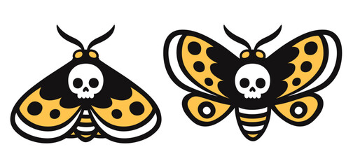 Death's head hawkmoth, moth with skull shape. Cartoon drawing of night butterfly with open and closed wings. Isolated vector clip art illustration, tattoo design.