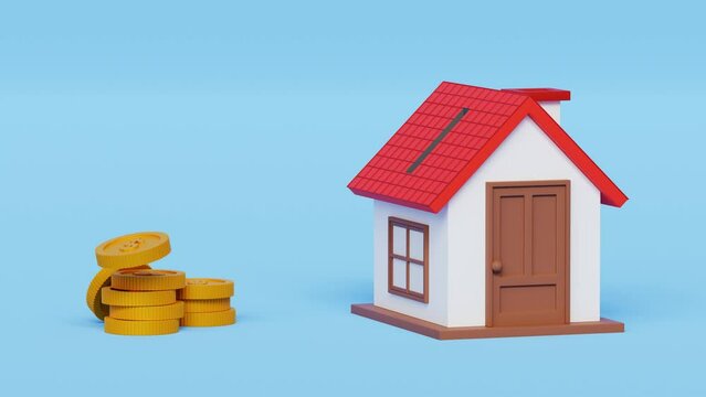Down payment for house purchasing, mortgage or real estate loan. Future property investments. Business Finance of rental Concept. 3D house like piggy bank and golden coins. 4k 3d animation