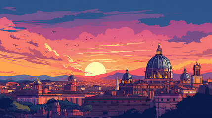 city skyline of rome italy 2D cartoon - obrazy, fototapety, plakaty