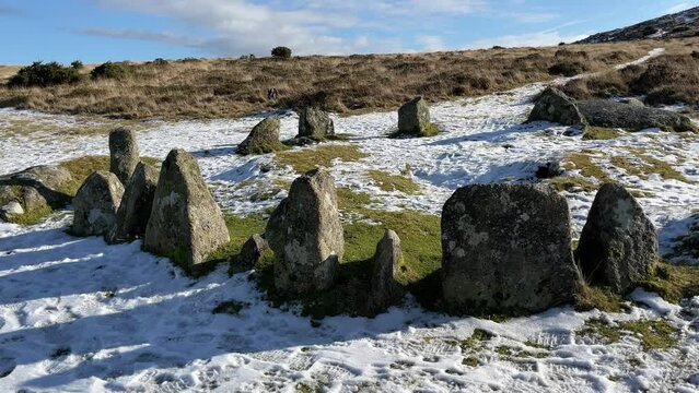 Landscape with snow covered mountains, stone cirle in Dartmoor