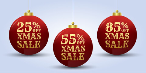 Xmas sale design with 3d Christmas ball. 25, 55, 85 percent price off label, icon or tag. Winter holiday banner, background, promotion poster, promo card or flyer template. Vector illustration.